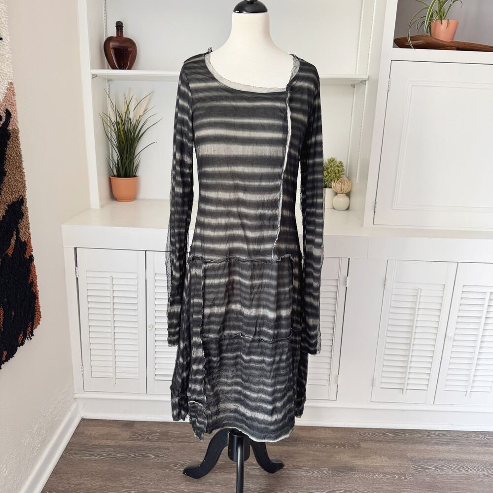 Rundholz Striped Patchwork Crinkle Mesh Layered Raw Edge Midi Dress Size XS